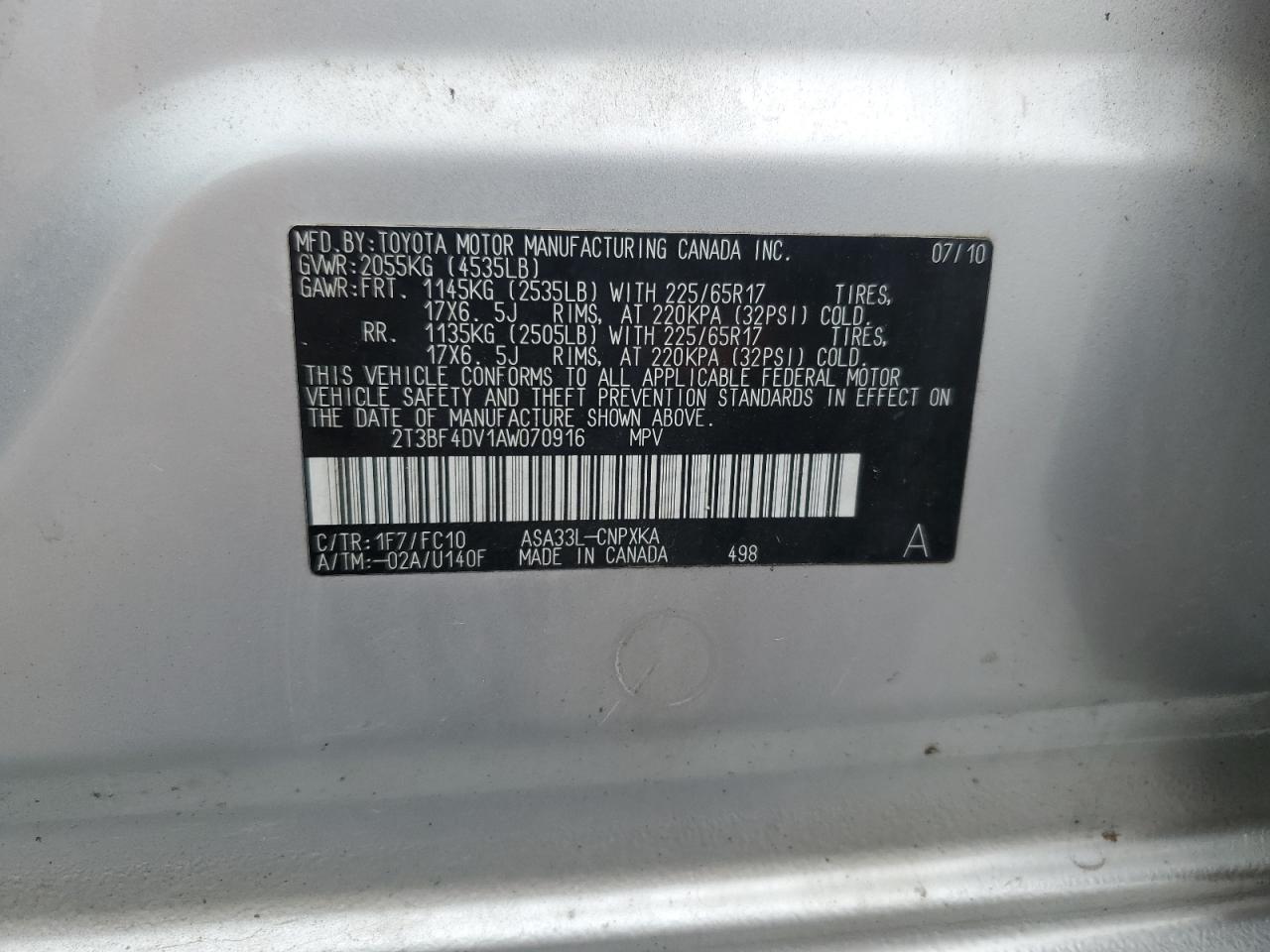 2010 Toyota Rav4 VIN: 2T3BF4DV1AW070916 Lot: 81365825