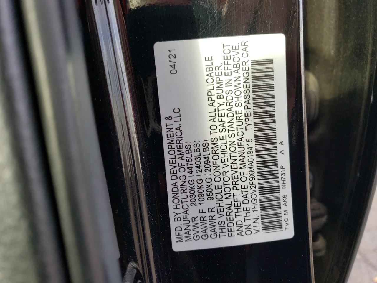 2021 Honda Accord Touring VIN: 1HGCV2F9XMA019415 Lot: 83937205