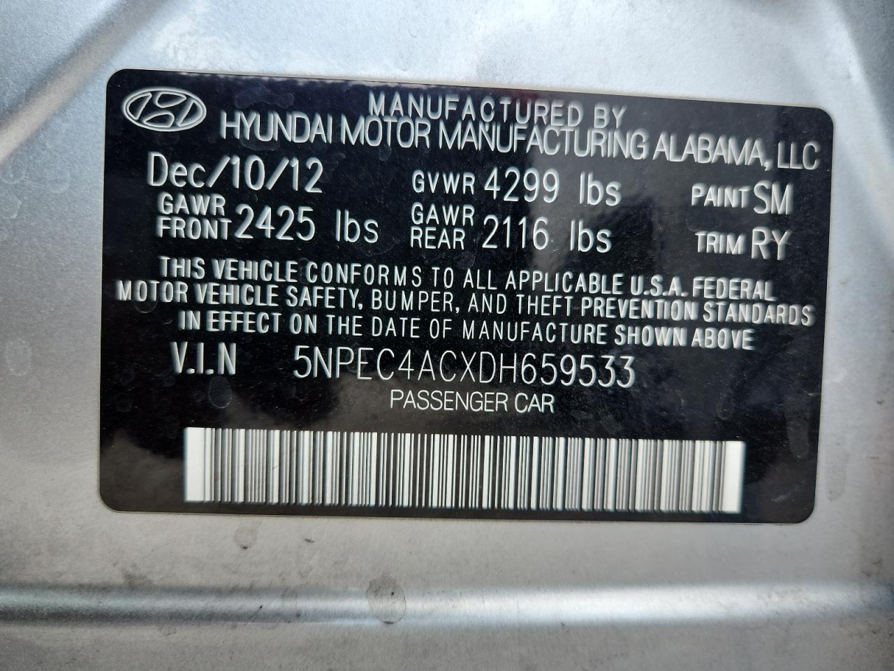 2013 Hyundai Sonata Se VIN: 5NPEC4DBXDH659633 Lot: 80684465