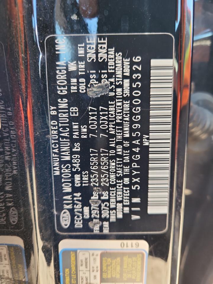 2016 Kia Sorento Lx VIN: 5XYPG4A59GG005326 Lot: 81338915