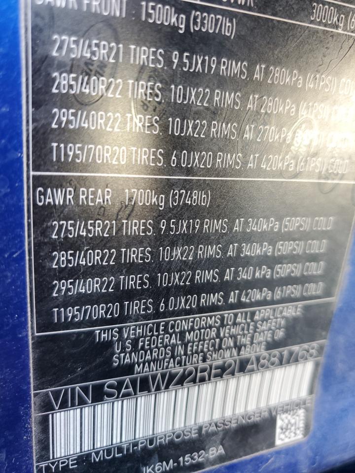 2020 Land Rover Range Rover Sport Svr VIN: SALWZ2RE2LA881768 Lot: 82086095