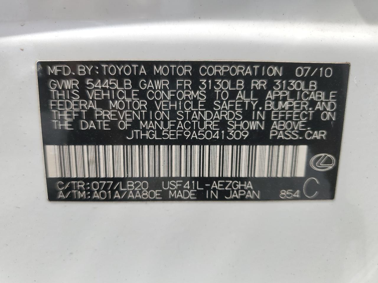 2010 Lexus Ls 460L VIN: JTHGL5EF9A5041309 Lot: 80033565