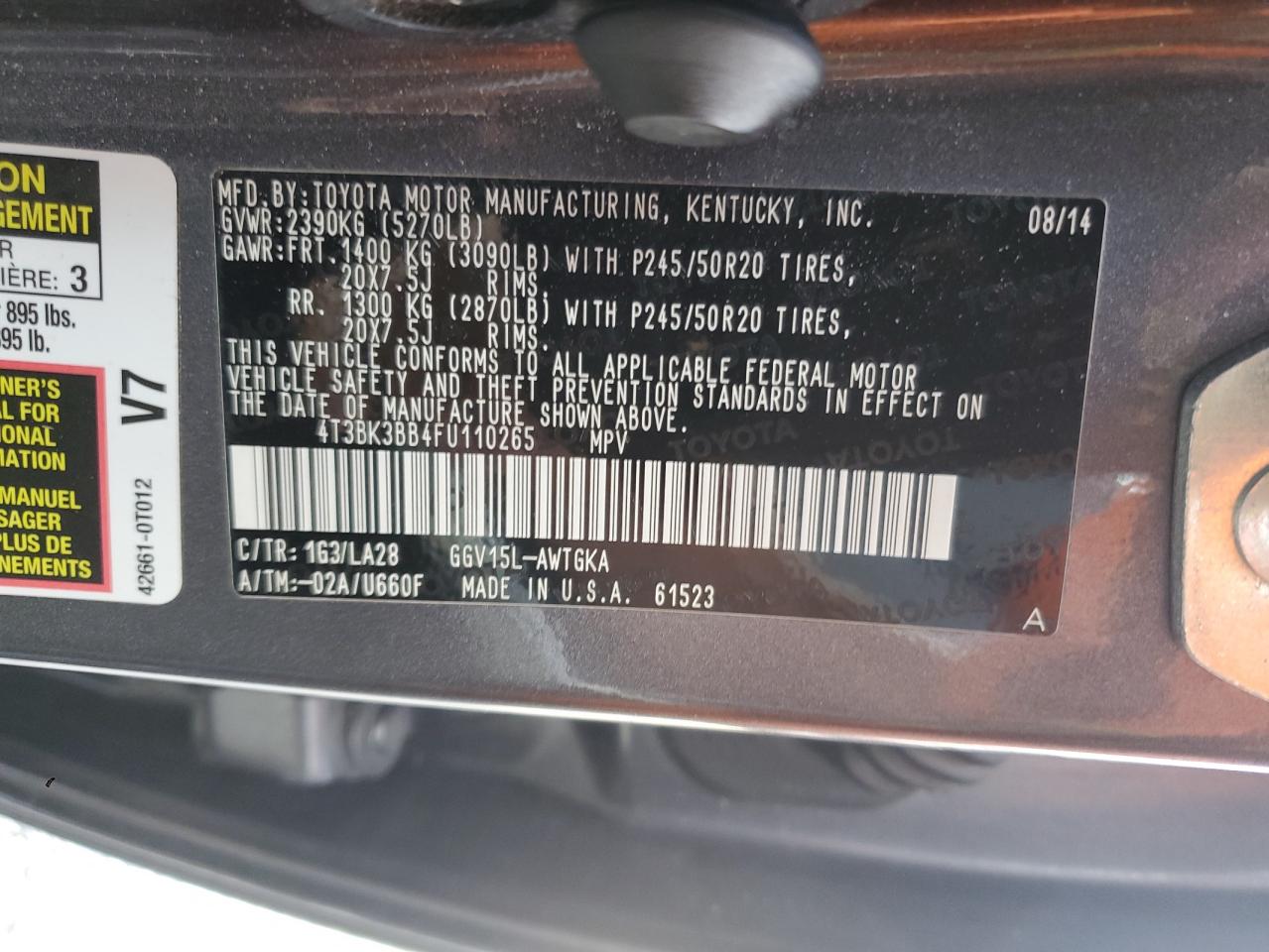 2015 Toyota Venza Le VIN: 4T3BK3BB4FU110265 Lot: 71525845