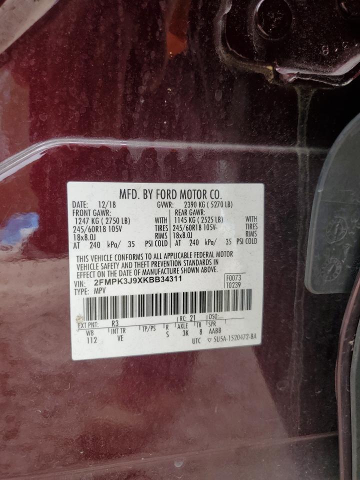 2019 Ford Edge Sel VIN: 2FMPK3J9XKBB34311 Lot: 80639715