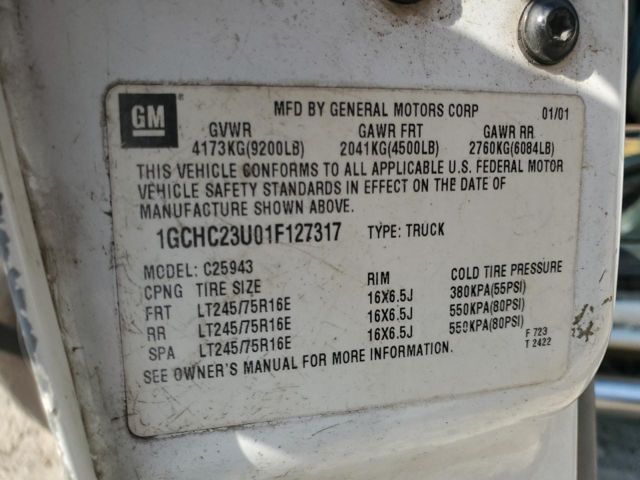 2001 Chevrolet Silverado C2500 Heavy Duty VIN: 1GCHC23U01F127317 Lot: 71261185