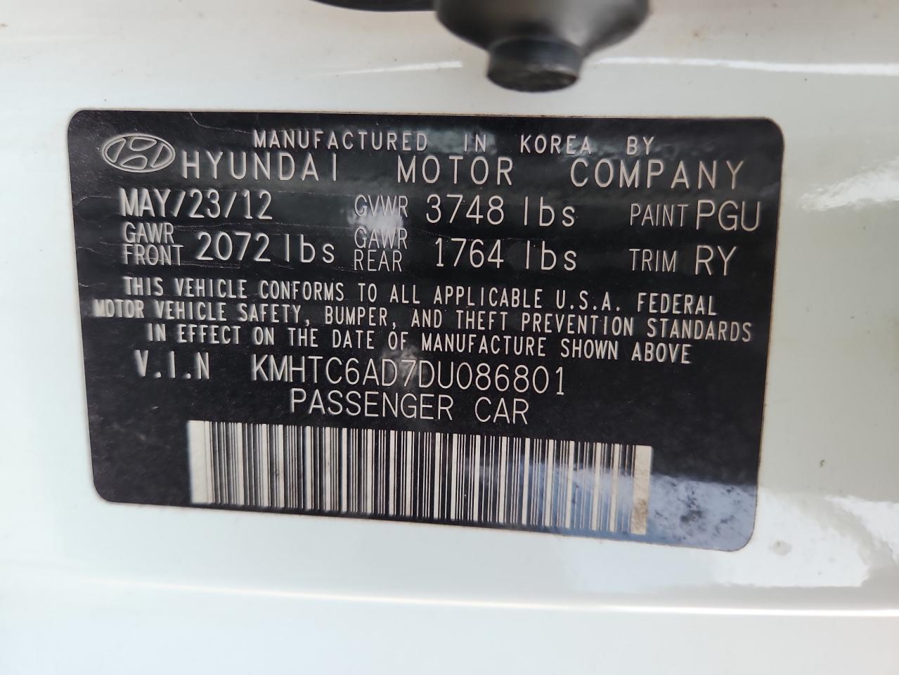 2013 Hyundai Veloster VIN: KMHTC6AD7DU086801 Lot: 83954585