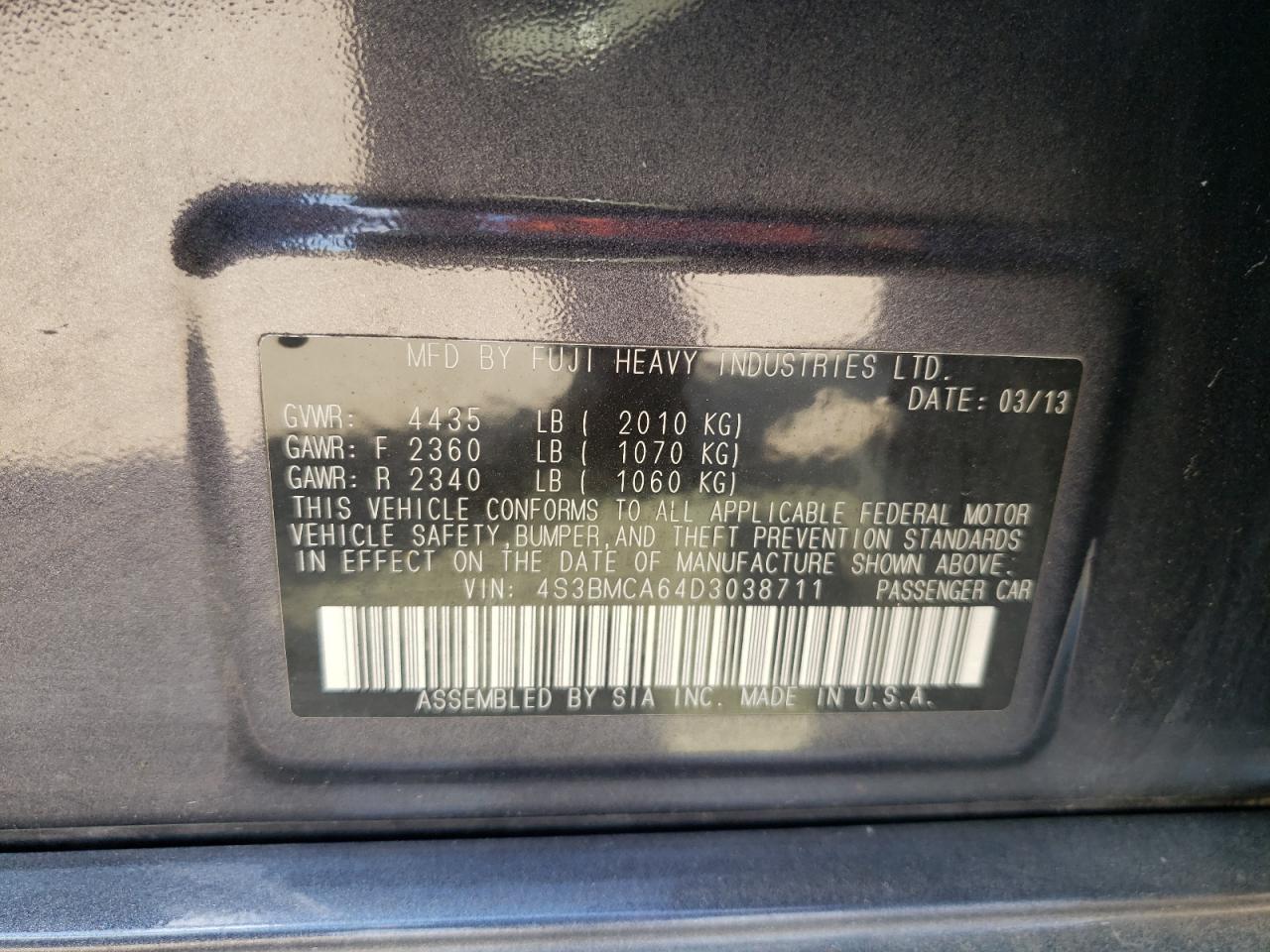 2013 Subaru Legacy 2.5I VIN: 4S3BMCA64D3038711 Lot: 80304585