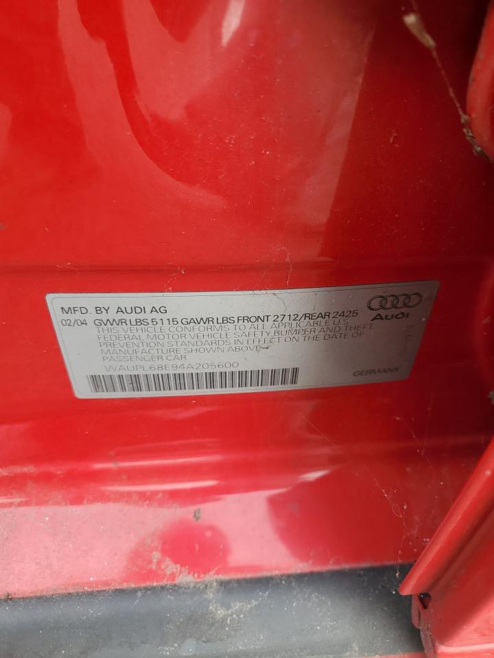 2004 Audi S4 VIN: WAUPL68E94A205600 Lot: 82092415