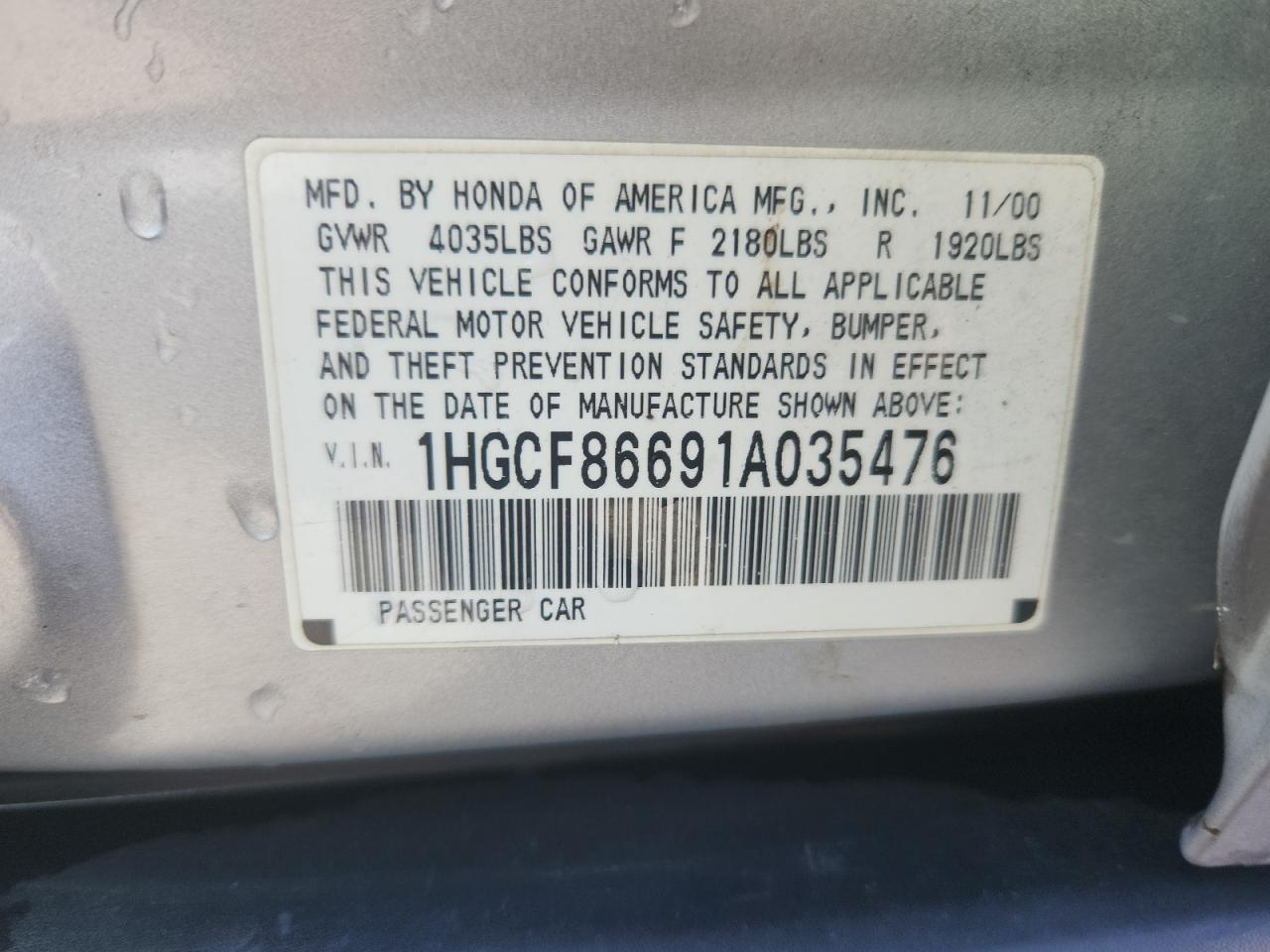2001 Honda Accord Value VIN: 1HGCF86691A035476 Lot: 84283865