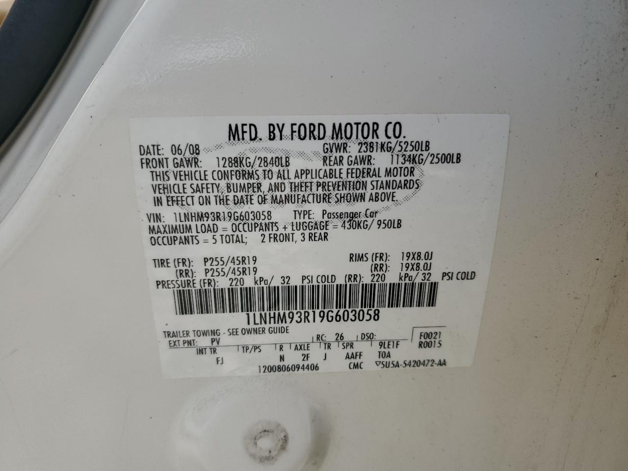 2009 Lincoln Mks VIN: 1LNHM93R19G603058 Lot: 83943105