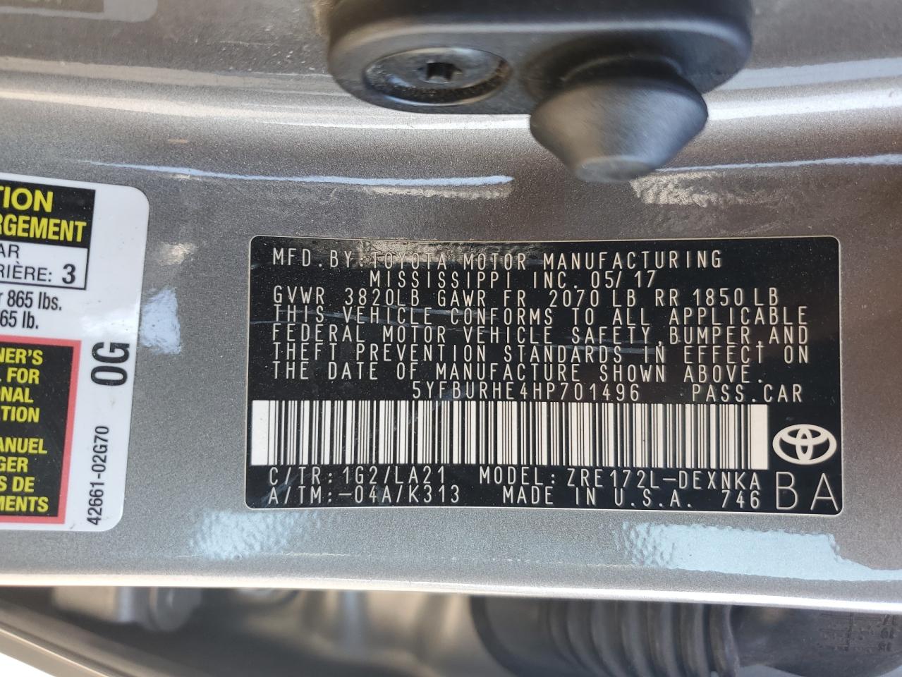 2017 Toyota Corolla L VIN: 5YFBURHE4HP701496 Lot: 82094275