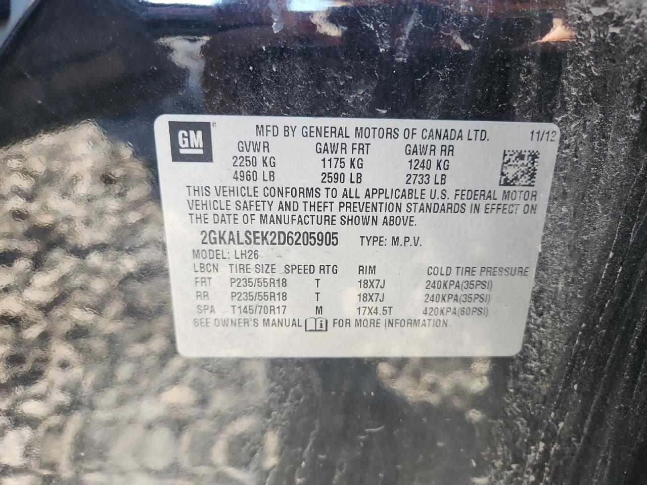 2013 GMC Terrain Sle VIN: 2GKALSEK2D6205905 Lot: 81151895