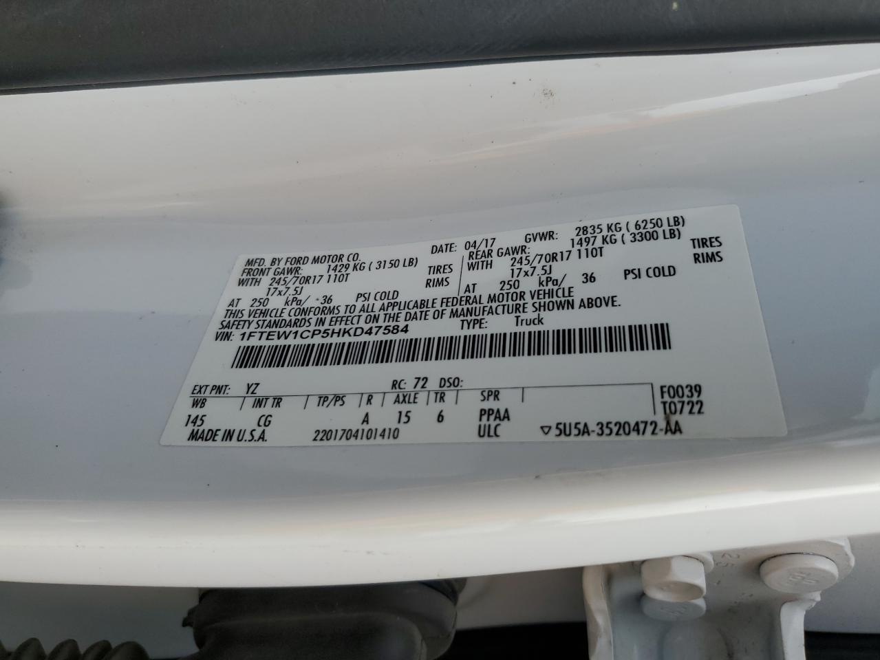 2017 Ford F150 Supercrew VIN: 1FTEW1CP5HKD47584 Lot: 81083395