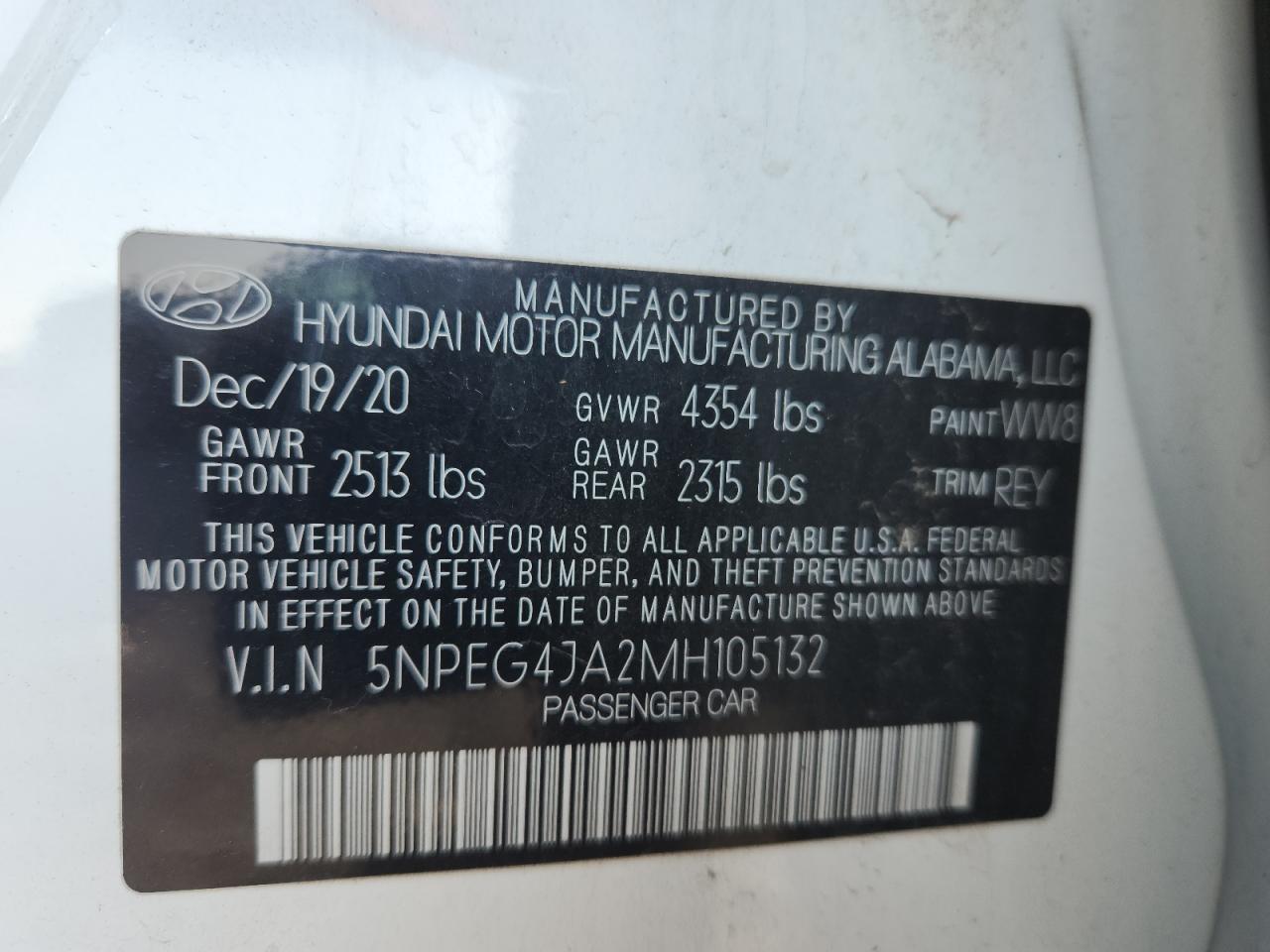 2021 Hyundai Sonata Se VIN: 5NPEG4JA2MH105132 Lot: 81776505