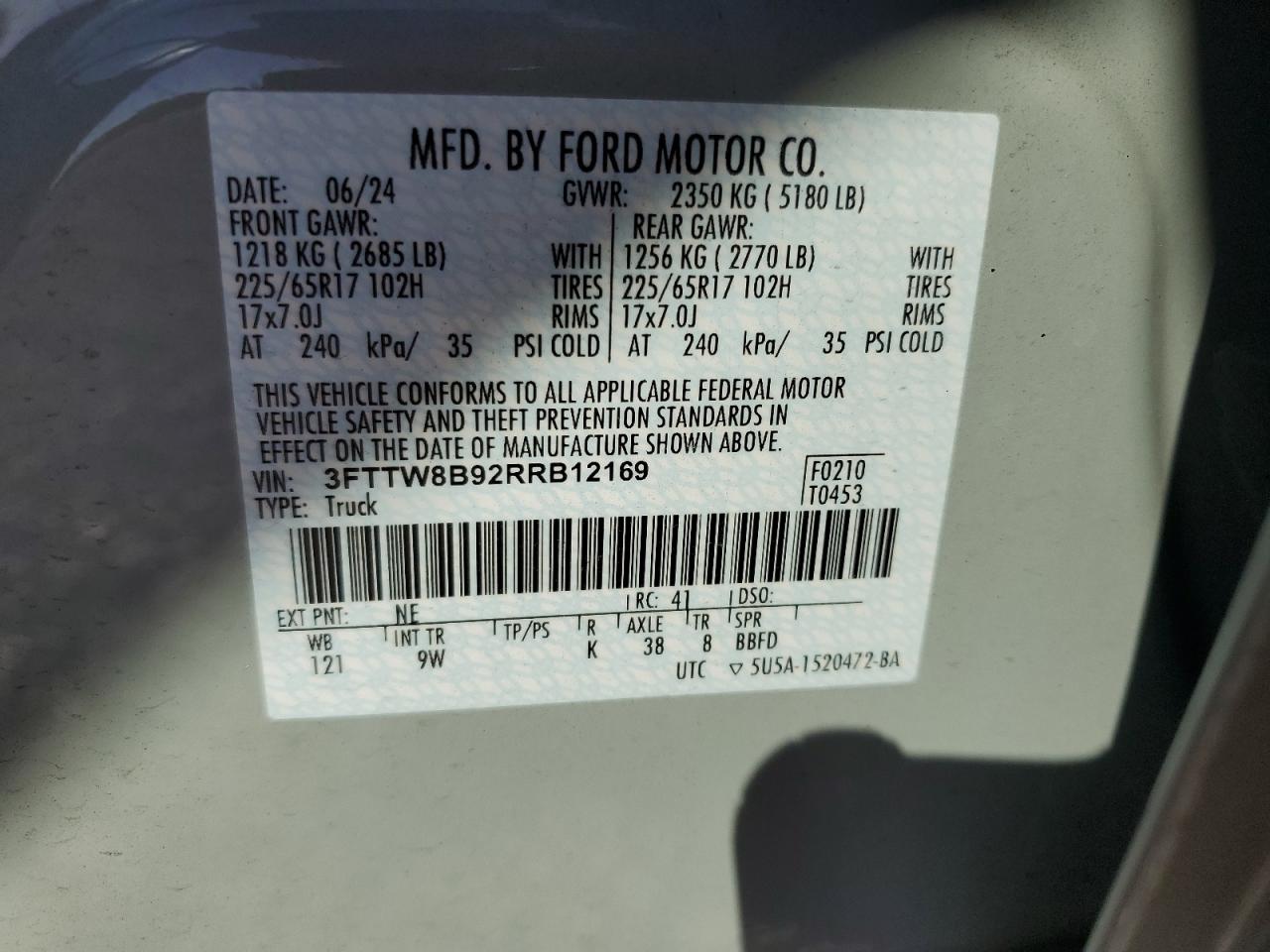 2024 Ford Maverick Xl VIN: 3FTTW8B92RRB12169 Lot: 71006055