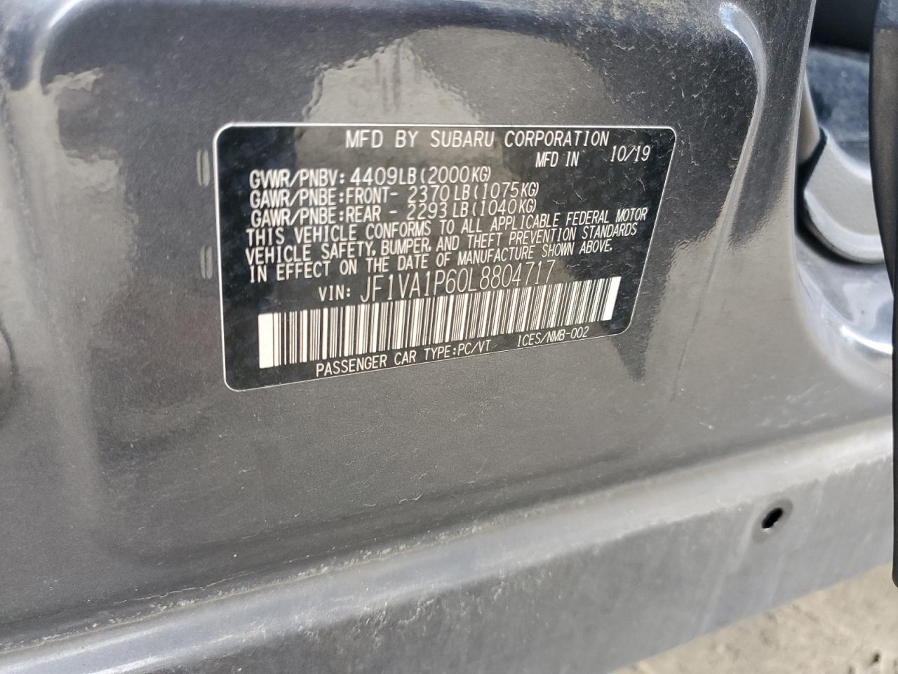 2020 Subaru Wrx Limited VIN: JF1VA1P60L8804717 Lot: 81436795