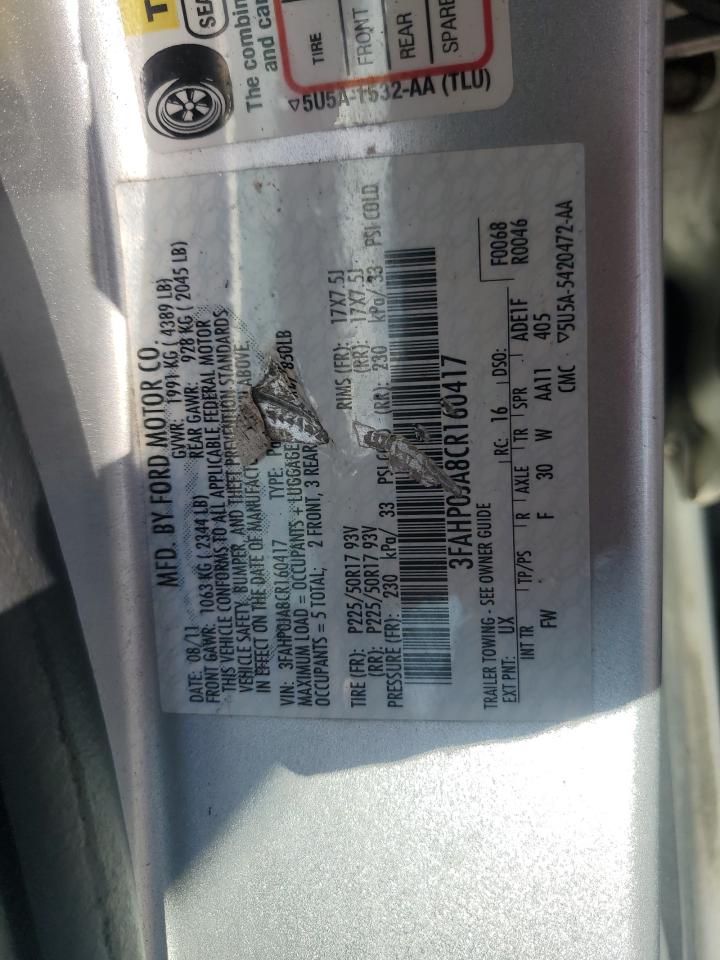 2012 Ford Fusion Sel VIN: 3FAHP0JA8CR160417 Lot: 80236885