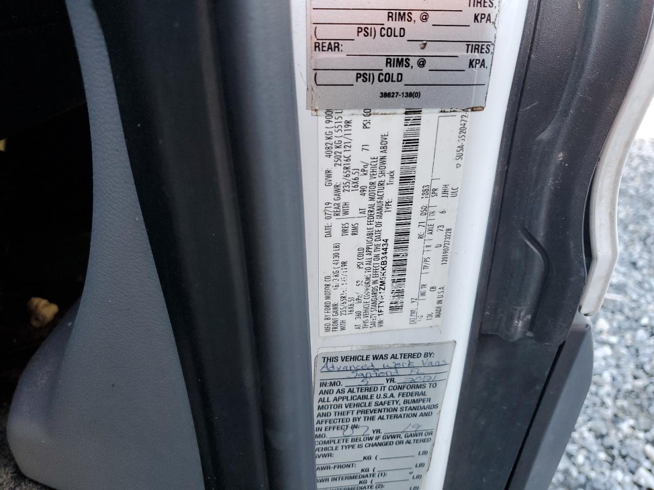 2019 Ford Transit T-250 VIN: 1FTYR1ZM5KKB34434 Lot: 82113575