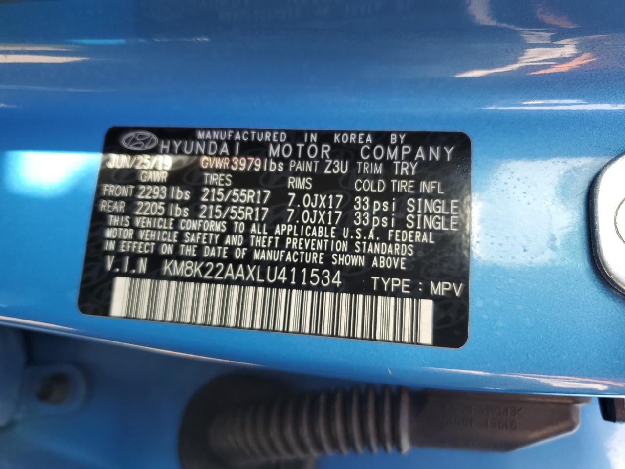 2020 Hyundai Kona Sel VIN: KM8K22AAXLU411534 Lot: 84053995