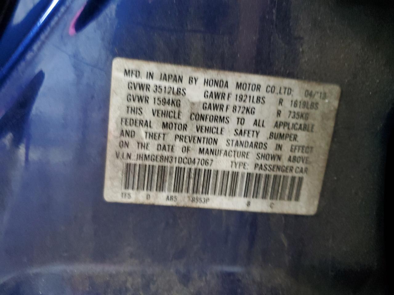 2013 Honda Fit VIN: JHMGE8H31DC047067 Lot: 81062375