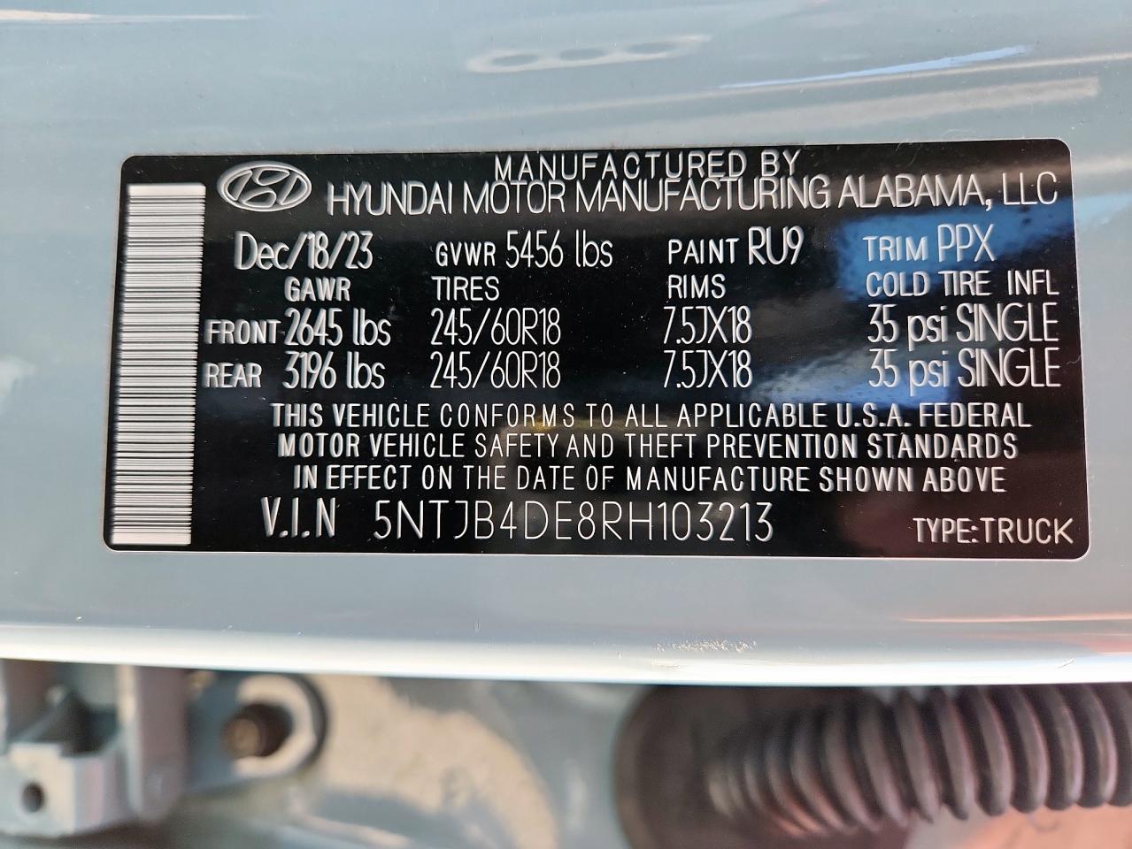 2024 Hyundai Santa Cruz Sel VIN: 5NTJB4DE8RH103213 Lot: 80008895