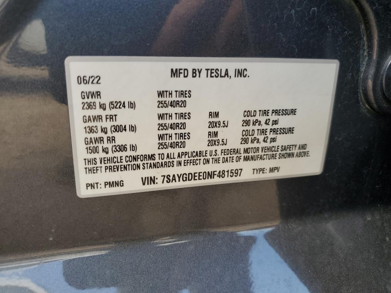 2022 Tesla Model Y VIN: 7SAYGDEE0NF481597 Lot: 80209155