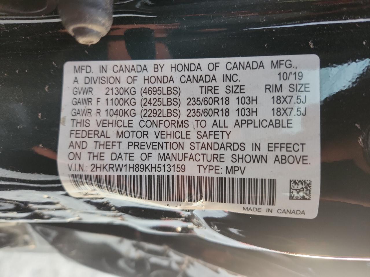 2019 Honda Cr-V Exl VIN: 2HKRW1H89KH513159 Lot: 71878315