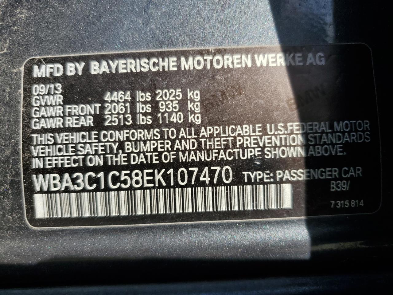 2014 BMW 328 I Sulev VIN: WBA3C1C58EK107470 Lot: 82034055