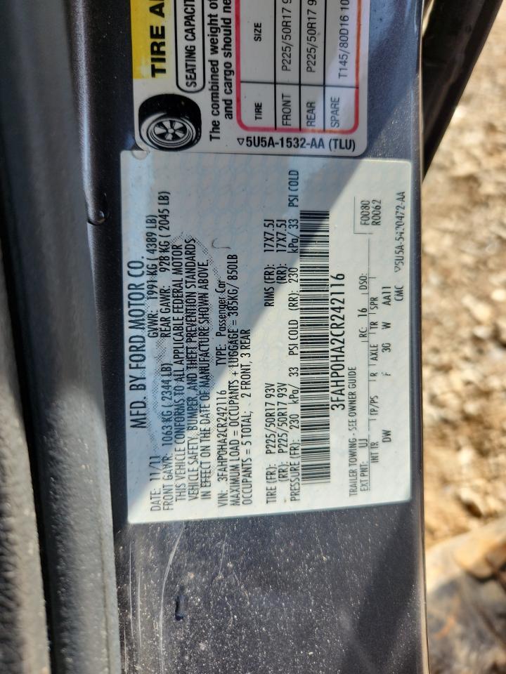 2012 Ford Fusion Se VIN: 3FAHP0HA2CR242116 Lot: 82159475