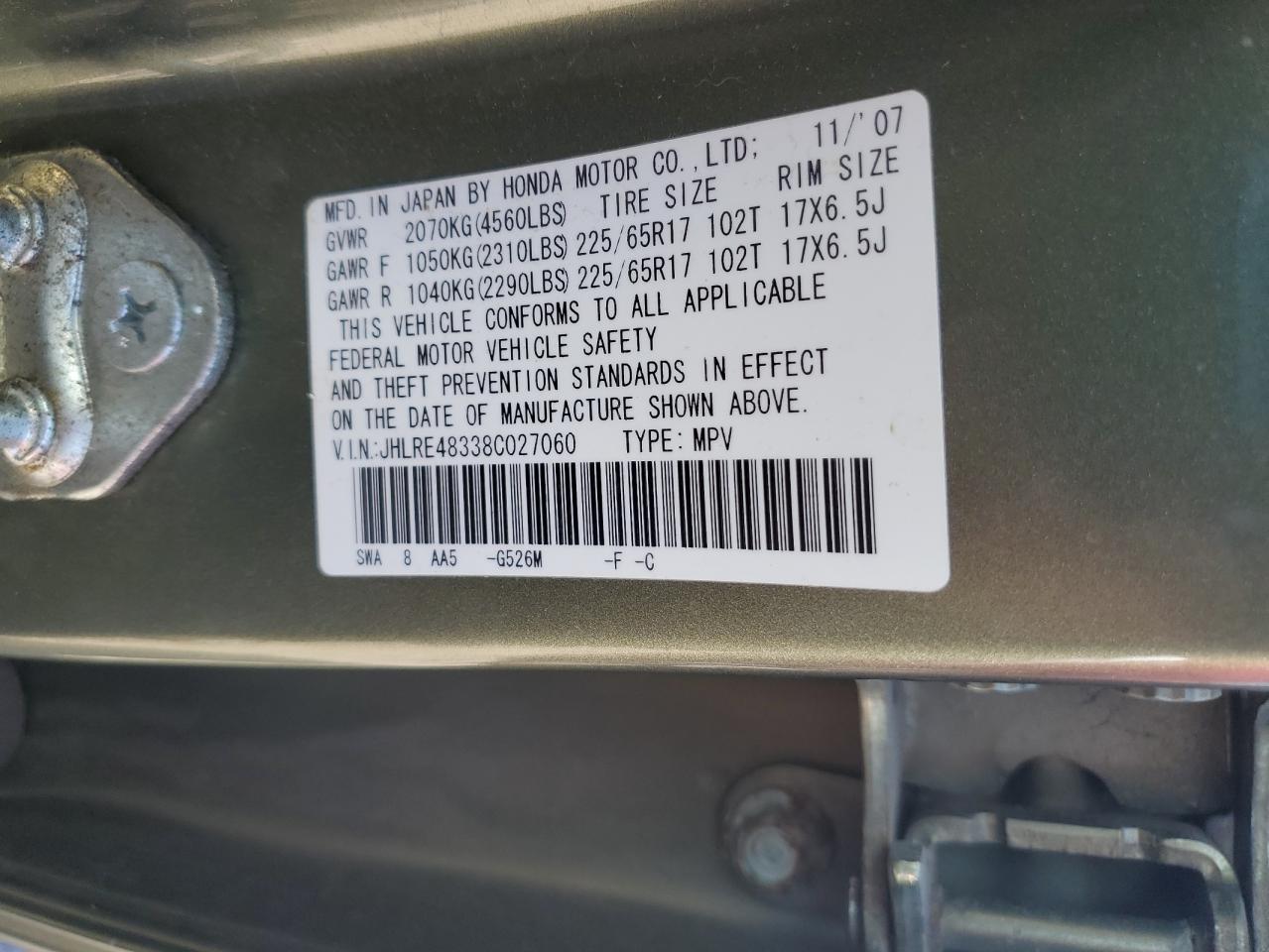 2008 Honda Cr-V Lx VIN: JHLRE48338C027060 Lot: 80717235