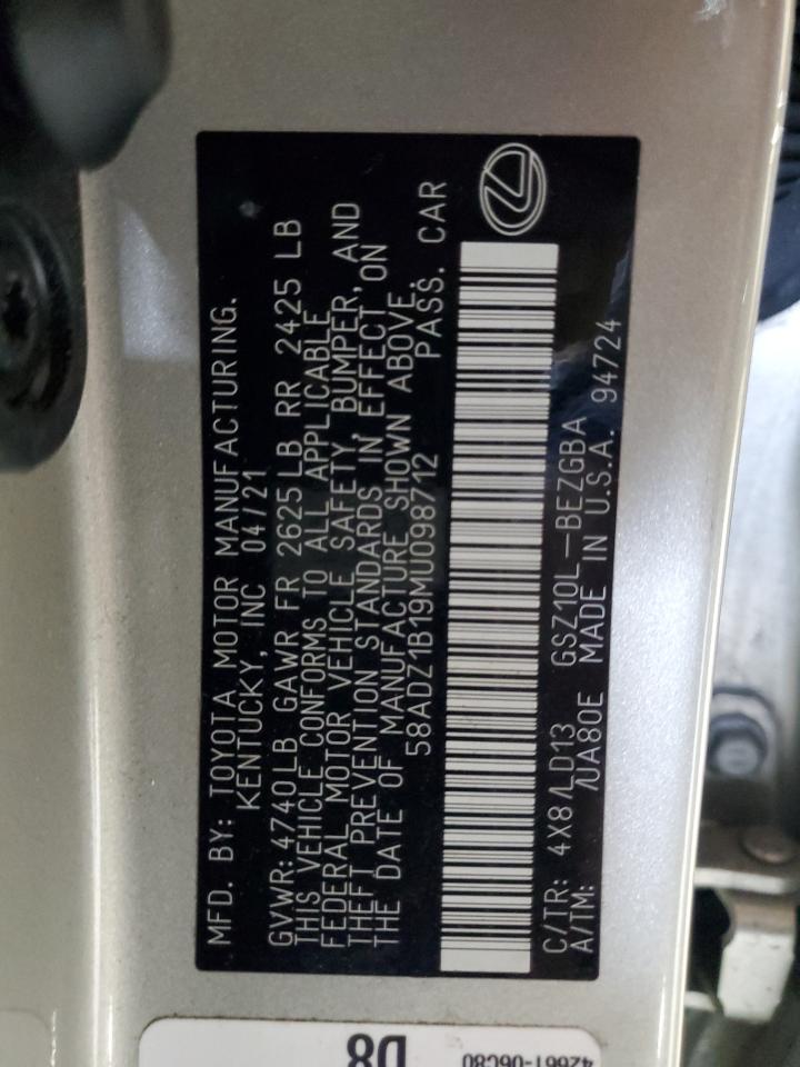 2021 Lexus Es 350 Base VIN: 58ADZ1B19MU098712 Lot: 80817135