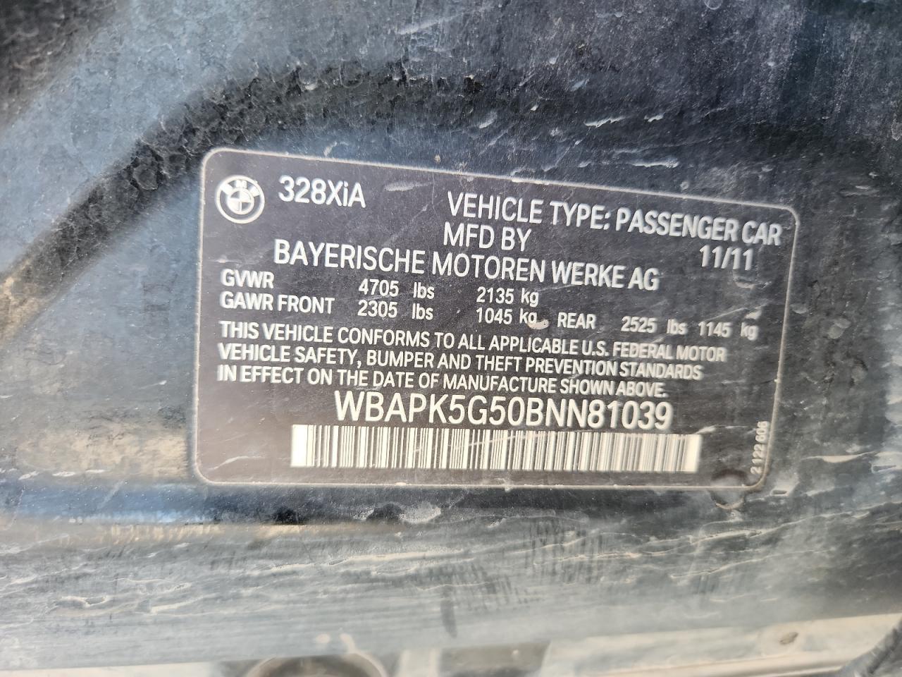 2011 BMW 328 Xi Sulev VIN: WBAPK5G50BNN81039 Lot: 81143715