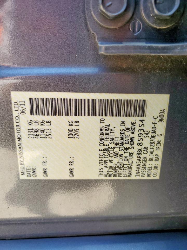 2011 Nissan Maxima S VIN: 1N4AA5AP8BC859354 Lot: 71547825