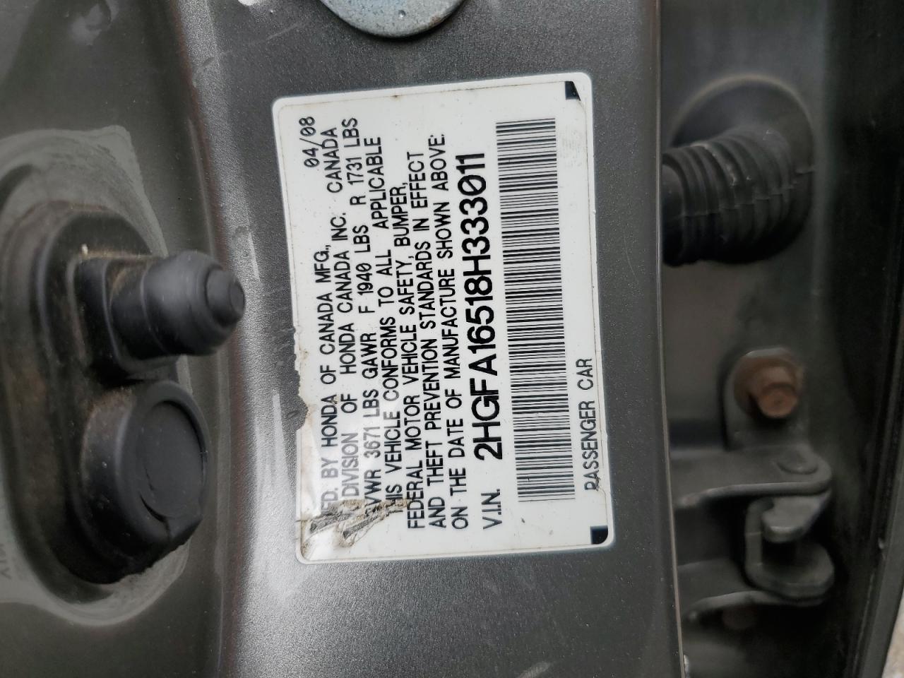 2008 Honda Civic Lx VIN: 2HGFA16518H333011 Lot: 81896105