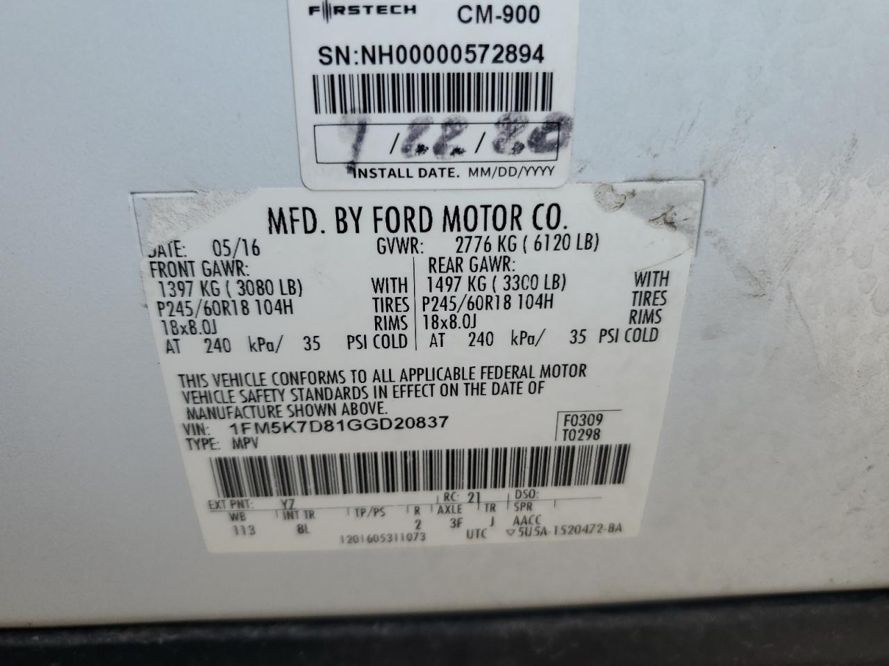 2016 Ford Explorer Xlt VIN: 1FM5K7D81GGD20837 Lot: 71994415