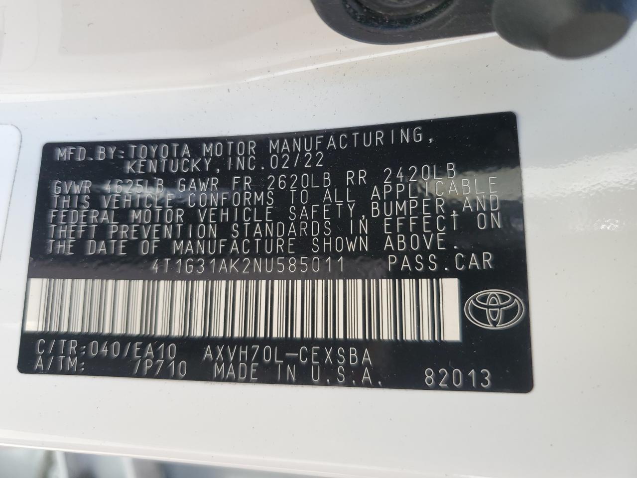 2022 Toyota Camry Night Shade VIN: 4T1G31AK2NU585011 Lot: 81673545