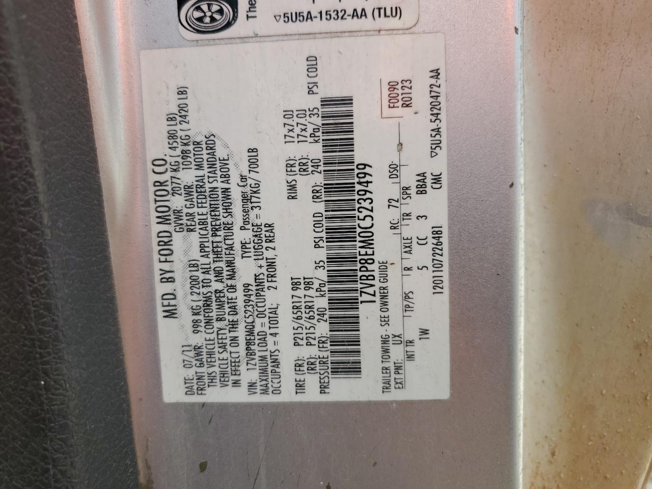 2012 Ford Mustang VIN: 1ZVBP8EM0C5239499 Lot: 71051225