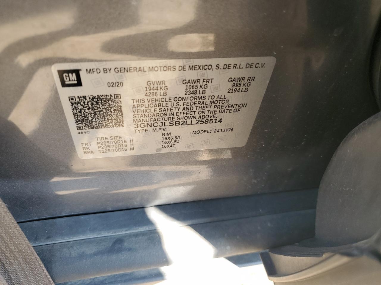 2020 Chevrolet Trax 1Lt VIN: 3GNCJLSB2LL258514 Lot: 80648155