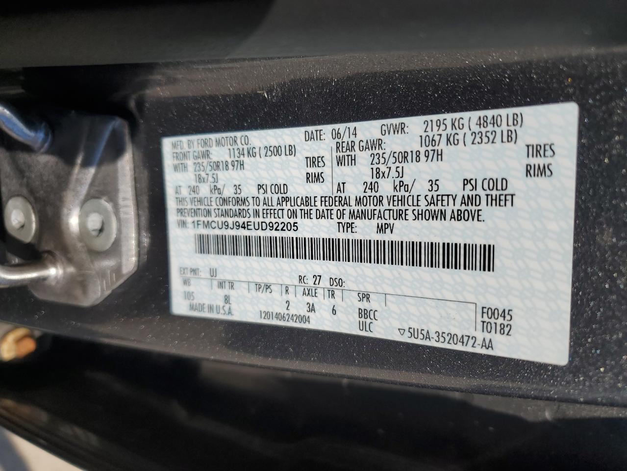 2014 Ford Escape Titanium VIN: 1FMCU9J94EUD92205 Lot: 81107245