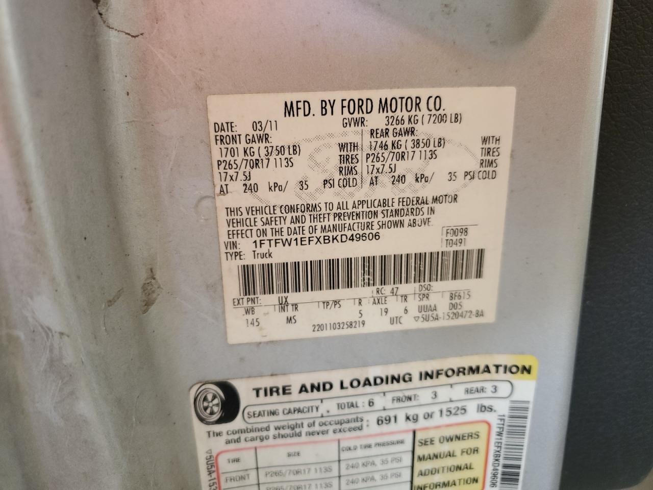 2011 Ford F150 Supercrew VIN: 1FTFW1EFXBKD49606 Lot: 84559945