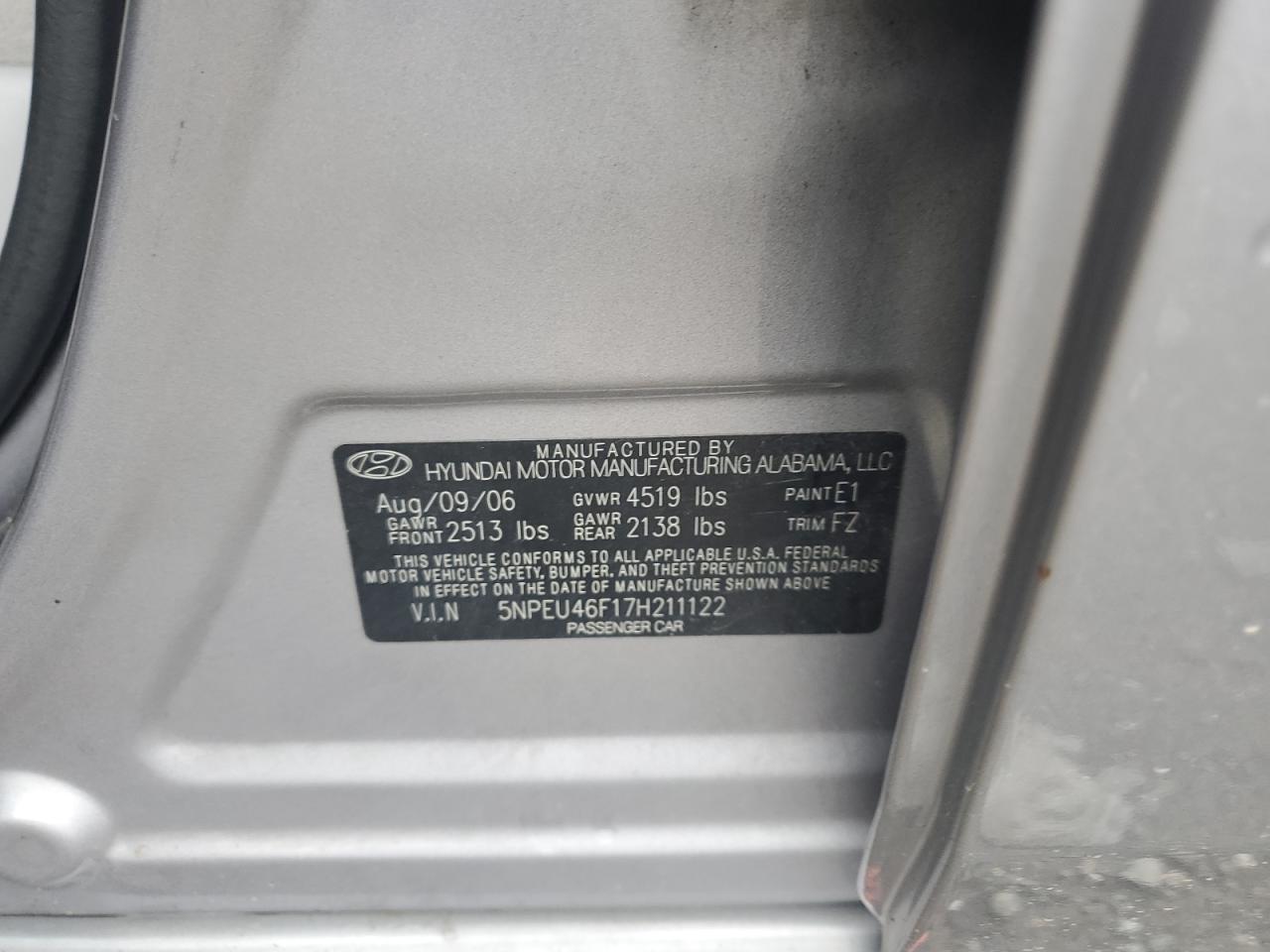 2007 Hyundai Sonata Se VIN: 5NPEU46F17H211122 Lot: 80475845