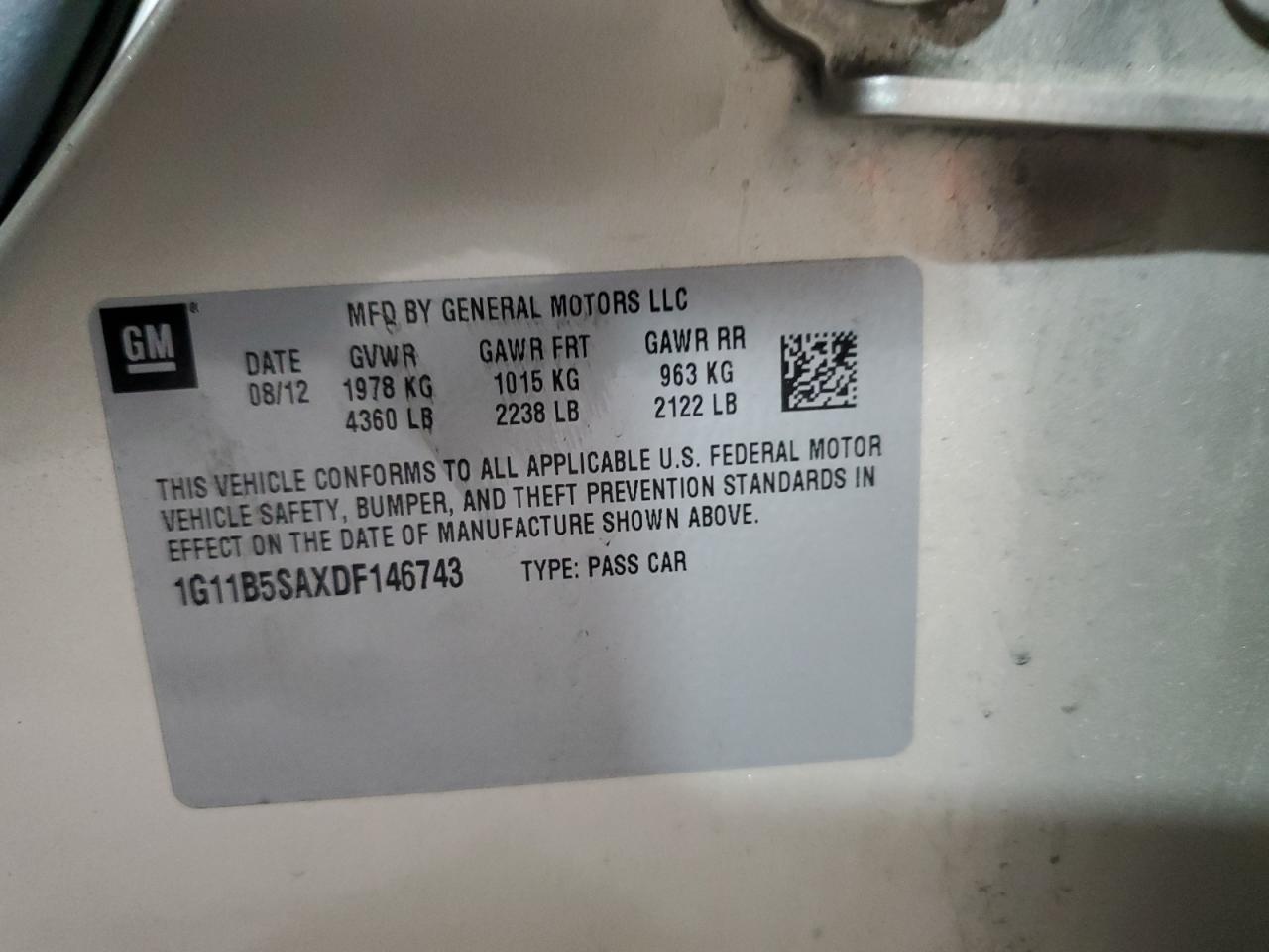 2013 Chevrolet Malibu Ls VIN: 1G11B5SAXDF146743 Lot: 71607925