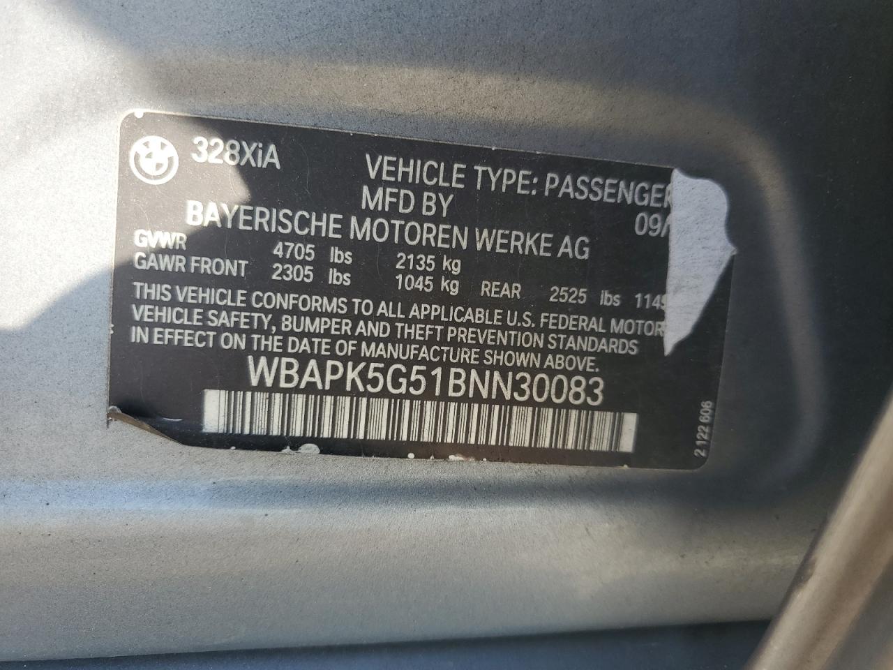 2011 BMW 328 Xi Sulev VIN: WBAPK5G51BNN30083 Lot: 71585335