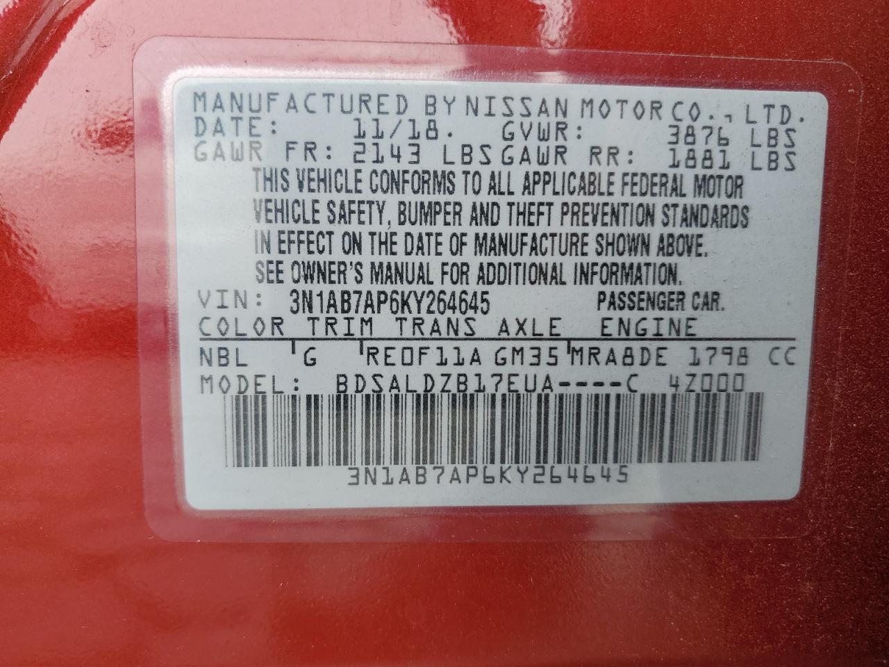 2019 Nissan Sentra S VIN: 3N1AB7AP6KY264645 Lot: 84634905