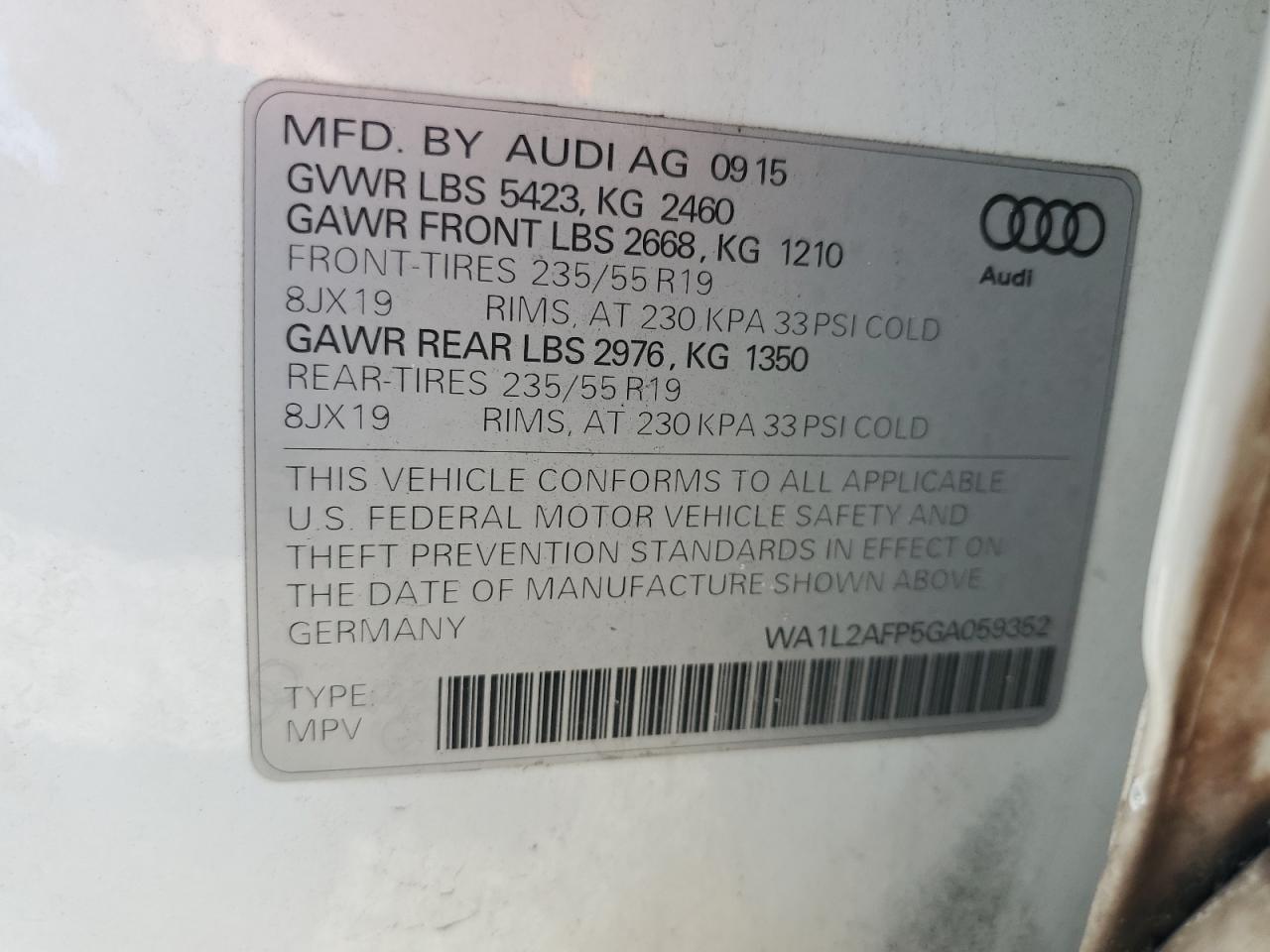 2016 Audi Q5 Premium Plus VIN: WA1L2AFP5GA059352 Lot: 80942135