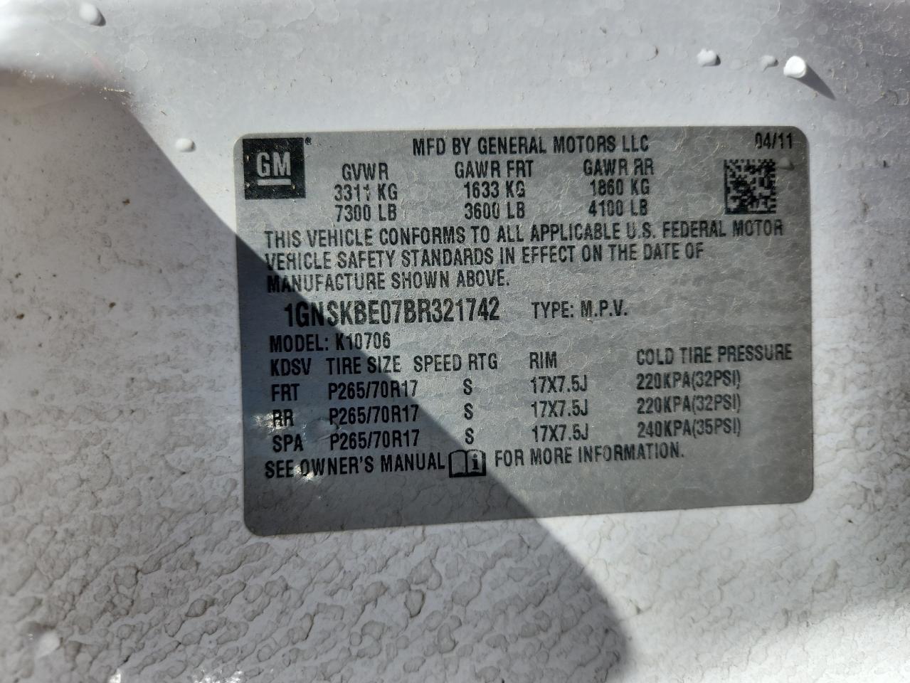 2011 Chevrolet Tahoe K1500 Lt VIN: 1GNSKBE07BR321742 Lot: 84219665