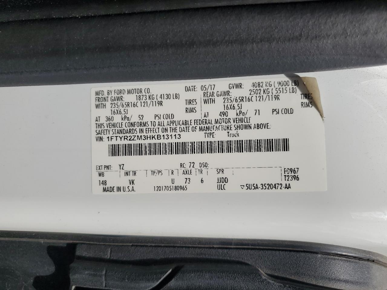 2017 Ford Transit T-250 VIN: 1FTYR2ZM3HKB13113 Lot: 71686545