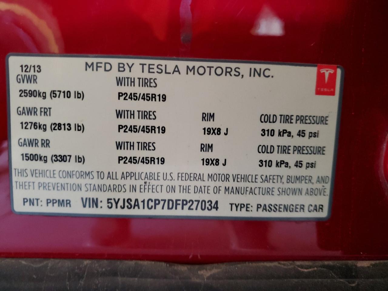 2013 Tesla Model S VIN: 5YJSA1CP7DFP27034 Lot: 81708245