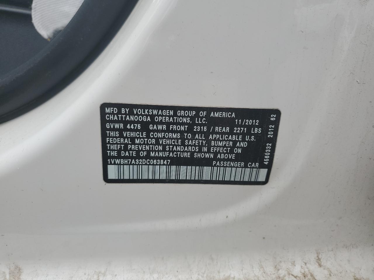 2013 Volkswagen Passat Se VIN: 1VWBH7A32DCO63847 Lot: 80522375