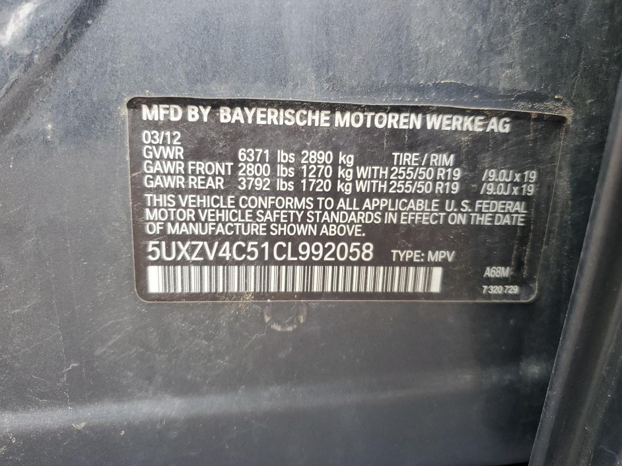 2012 BMW X5 xDrive35I VIN: 5UXZV4C51CL992058 Lot: 80810595